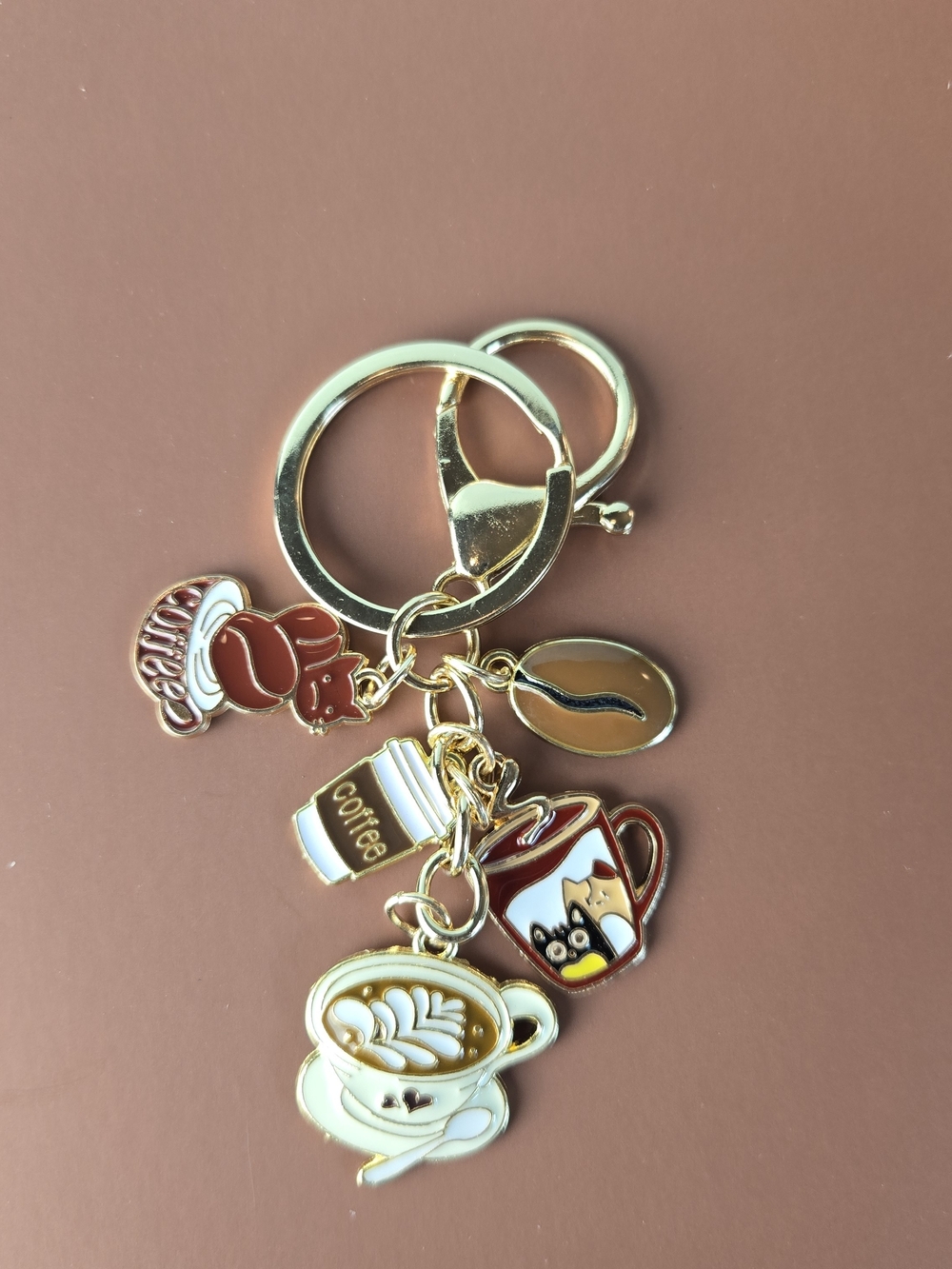 Coffee Charm Keychain in Gold Tone & White